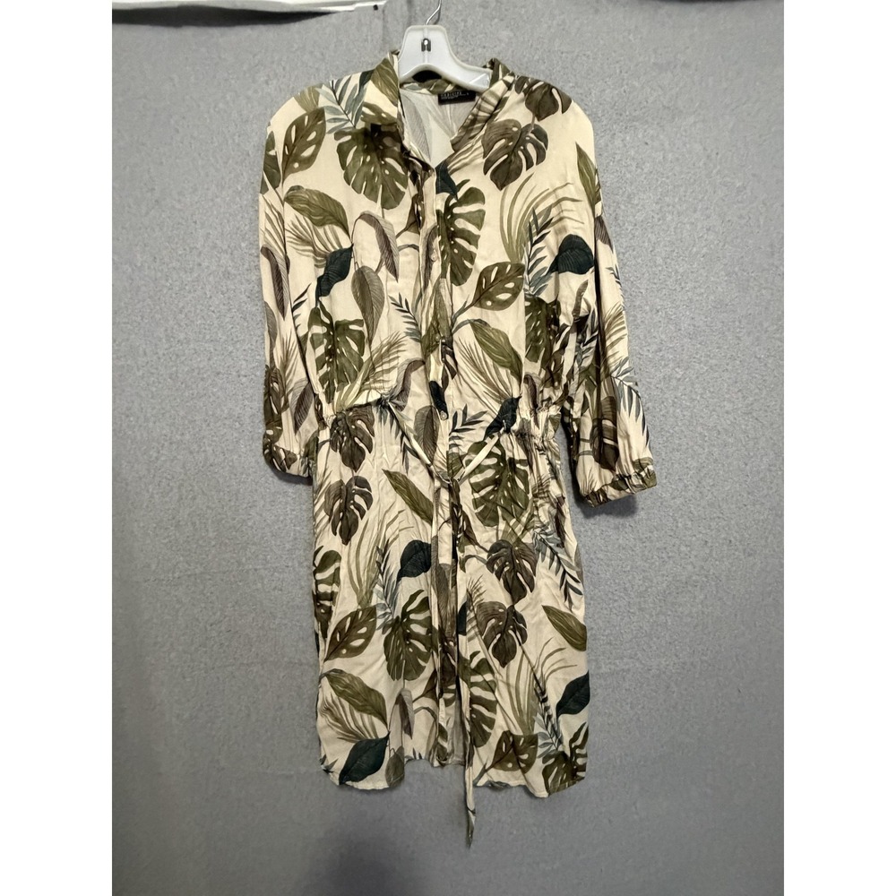 Medicine Dress Womens Large Green Tropical Leaf Shirt Knee Length Belted Viscose